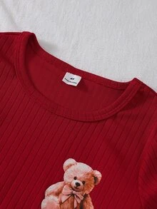 2pcs/Set Young Girl Red Ribbed Bear Print Bow Long Sleeve Top And Ribbed Bear Doll Long Pants Pajama Set - Red - View 5