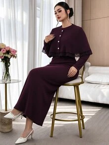 Modelyn Dark Red Pullover Top With Long Sleeve Fitted Dress, Elegant Fashionable Lady Style, Romantic Lace Patchwork, Versatile Plus Size 2 Pieces Set - Red Violet - View 6