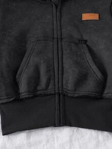 SHEIN Tween Girl 童女復古印花連帽運動套裝，短版拉鍊連帽外套 + 喇叭褲，休閒 2 件套春秋冬穿搭 - 黑色 - 查看 5