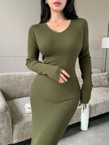 Modelyn Women's V-Neck Premium Bodycon Long Sleeve Sweater Dress, Autumn/Winter - Green - View 8