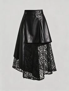 Sweetra Women's Spring/Summer Black Asymmetrical Cut-Out Lace Patchwork Blazer Dress, Slimming Mid-Length - Black - View 3