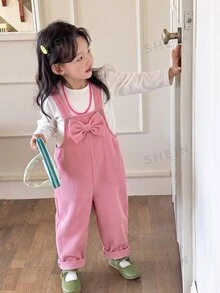 SHEIN Playful Pals Girls' Corduroy Overalls, New All-Season Style, Fashionable Sweet Design, Rose Red, 3D Large Bow Detail, Straight Leg Fit, Soft And Comfortable Fabric, Suitable For School, Commuting, Daily Outings, New All-Season Girls' Overalls - Hot Pink - View 8