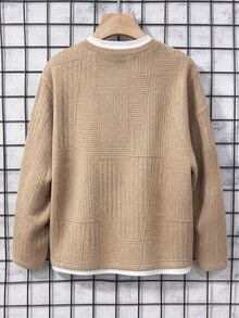 Tween Boys Geometric Textured Waffle Knit T-Shirt, Campus Street Style Casual 2 In 1 Mock Neck Long Sleeve Top (8-14 Years) - Khaki - View 2