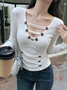Tideelle Sexy Mature Woman Deep V-Neck Button Collarbone Long Sleeve T-Shirt For Women Autumn - White - View 4