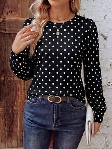 SHEIN LUNE 女款圓點長袖上衣，圓領泡泡肩寬鬆休閒襯衫 - 彩色 - 查看 5