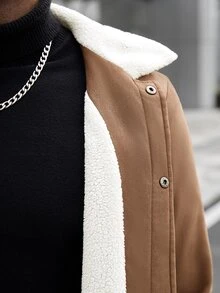Manfinity CasualCool Jaket Pria Bahan Suede Imitasi, Kerah Bulu Domba Imitasi, Ujung dan Manset Bergaris, Kancing Depan, Kasual, untuk Perjalanan, Kantor, Pakaian Luar Musim Gugur/Dingin - Coklat - View 6