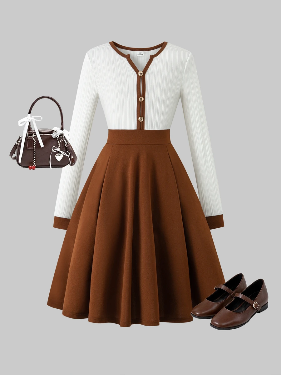 SHEIN Tween Girl Red Long Sleeve Homecoming Dress Halloween Outfit Fall Style US Fall Style - Multicolor - View 1