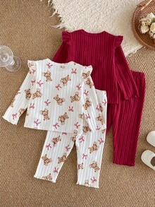 SHEIN 女嬰秋季4件套｜可愛貓咪愛心綠色與杏色波點荷葉邊長袖上衣＋長褲，休閒親子套裝 - 紅色 - 查看 2