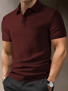 Manfinity Homme 男士正式純色極簡日常短袖紋理棕色 Polo 衫 - 紅色 - 查看 1