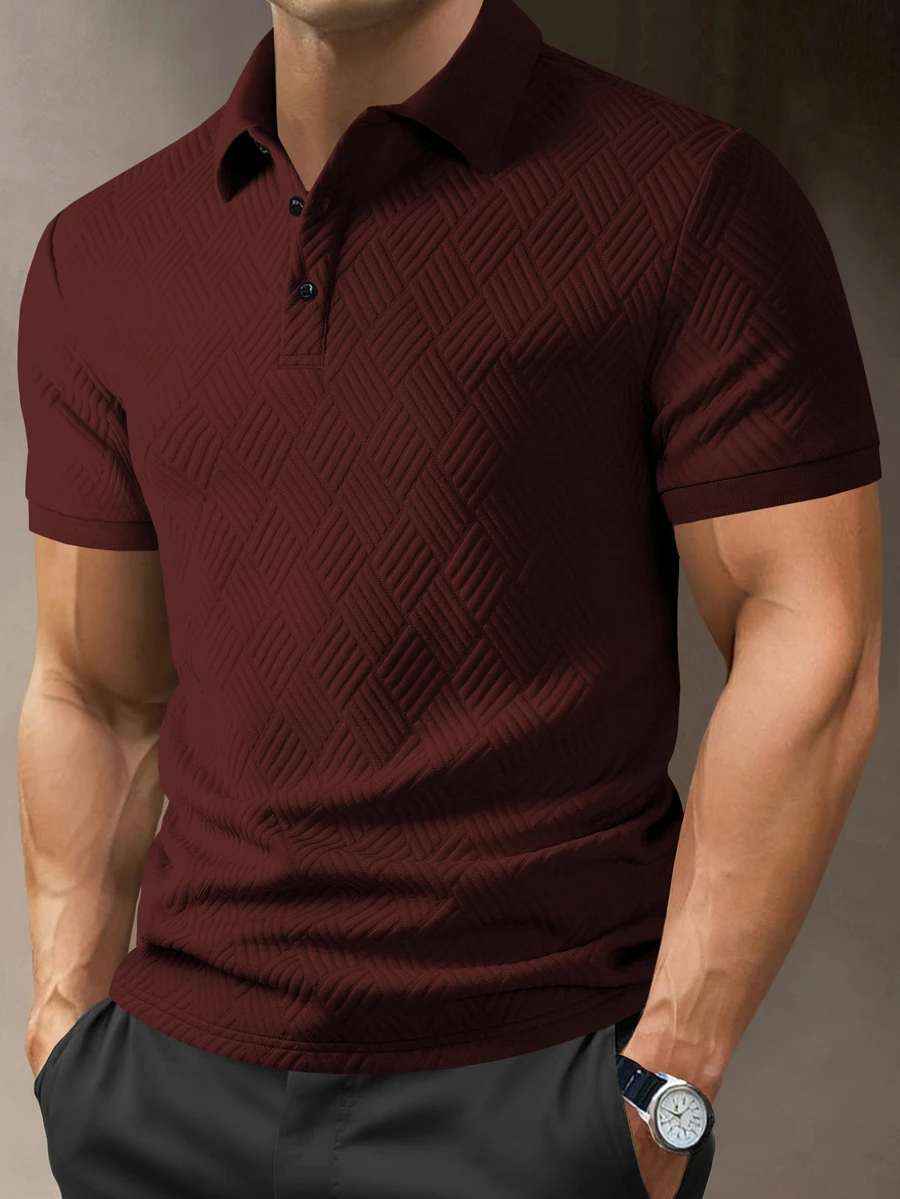 Manfinity Homme 男士正式純色極簡日常短袖紋理棕色 Polo 衫 - 紅色 - 查看 1