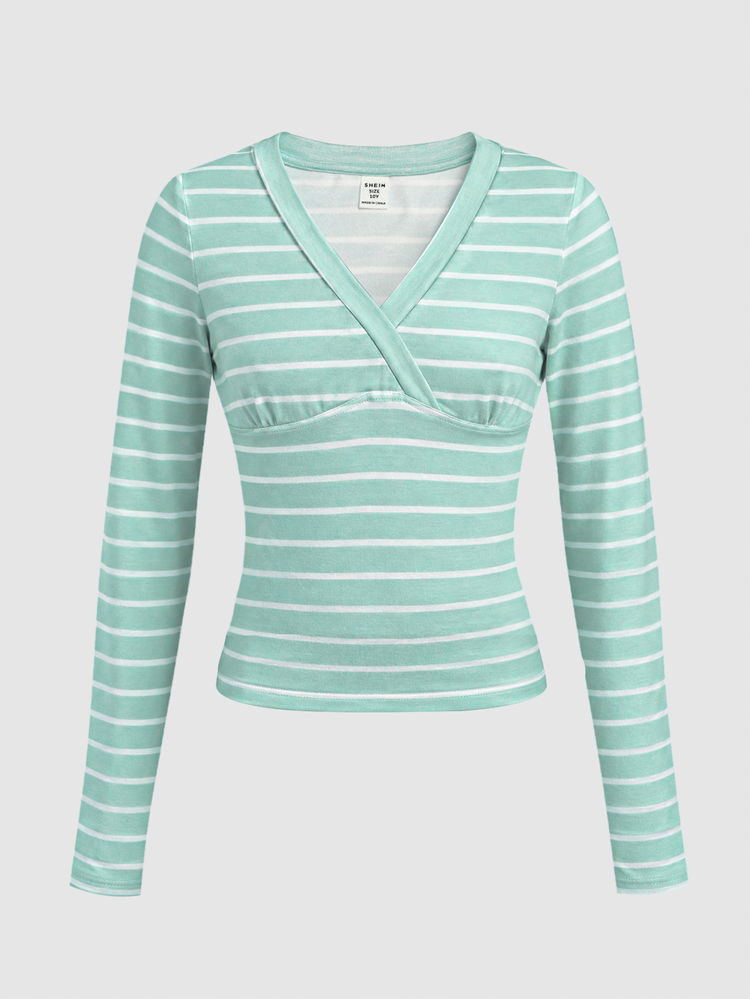 SHEIN Tween Girls Autumn V-Neck Back To School Long Sleeve Fitted T-Shirt, Mint Green Ice Blue, Casual Minimalist Daily Versatile All-Match Top Tee - Mint Green - View 3