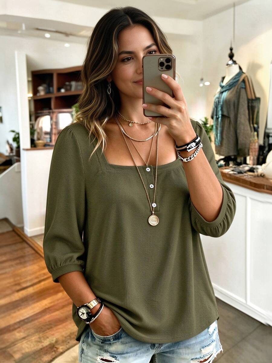 Weeklong Women's Plus Size Autumn/Winter Casual Vacation Square Neck Button Mid-Sleeve Ribbed Fabric Top, Suitable For Daily Casual Commute Wear Fall - Army Green - View 1