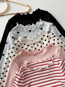 Kids 10pcs/Set Young Girl Knit Solid Color Polka Dot Striped Heart Pattern Ruffle Trim T-Shirt And Long Pants 10pcs -Piece Set - Multicolor - View 4