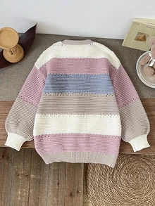 SHEIN Tween Girl Tween Girl Kids White School Back-To-School Color Block Knit Color Cardigan, Autumn Winter Long Sleeve Tween Girl Sweater, Back To School - Multicolor - View 3