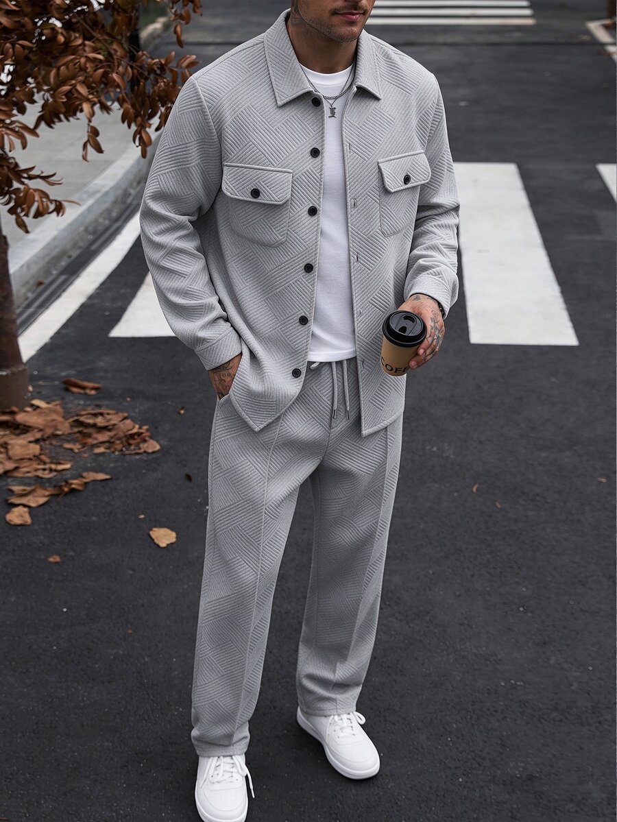 Manfinity CasualCool Men's Knitted Textured Button Front Design, White Classic Versatile Autumn/Winter Casual Jacket 2 Pieces Set - Light Grey - View 1