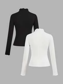 SHEIN EZwear 95%棉 2件組女款休閒修身長袖T恤，女款秋冬服飾，2000年代風格，Y2K，女款通勤穿搭，性感，鄉村風，時尚，基礎款，女款西式風格穿搭，度假穿搭，返校，感恩節，萬聖節，聖誕節，新年 - 黑與白 - 查看 2