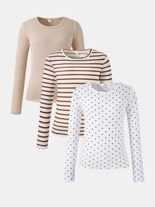 SHEIN 女童 3 件組上衣套裝，棕色條紋、白色波點、純色，條紋波點白色，舒適簡約優雅基本款休閒校園秋季 - 彩色 - 查看 3