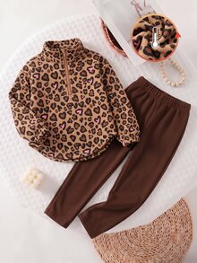 Girls 2 Pieces Set, New Autumn/Winter Brown Leopard Print Half-Zip Stand Collar Sweatshirt With Curved Hem And Elastic Waist Leggings, Sweet Casual Style - Multicolor - View 3