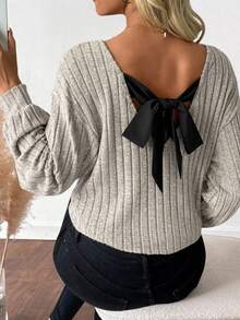 Weeklong Plus Size Women Heather Grey Ribbed Knit V-Neck Long Sleeve Top, Back Cutout With Black Satin Bow Decor,Relaxed Drop Shoulder Casual Daily Sweater Tee - Light Grey - View 4