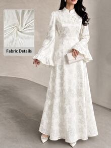Yasmyna Stand Collar Asymmetric Front Handmade Frog Button Ruffle Flare Long Sleeve Cinched Waist Full Skirt Flattering Slimming Long Dress, White Subtle Jacquard Pattern, Suitable For Dating, Commuting, Daily Wear, Evening Party - White - View 2