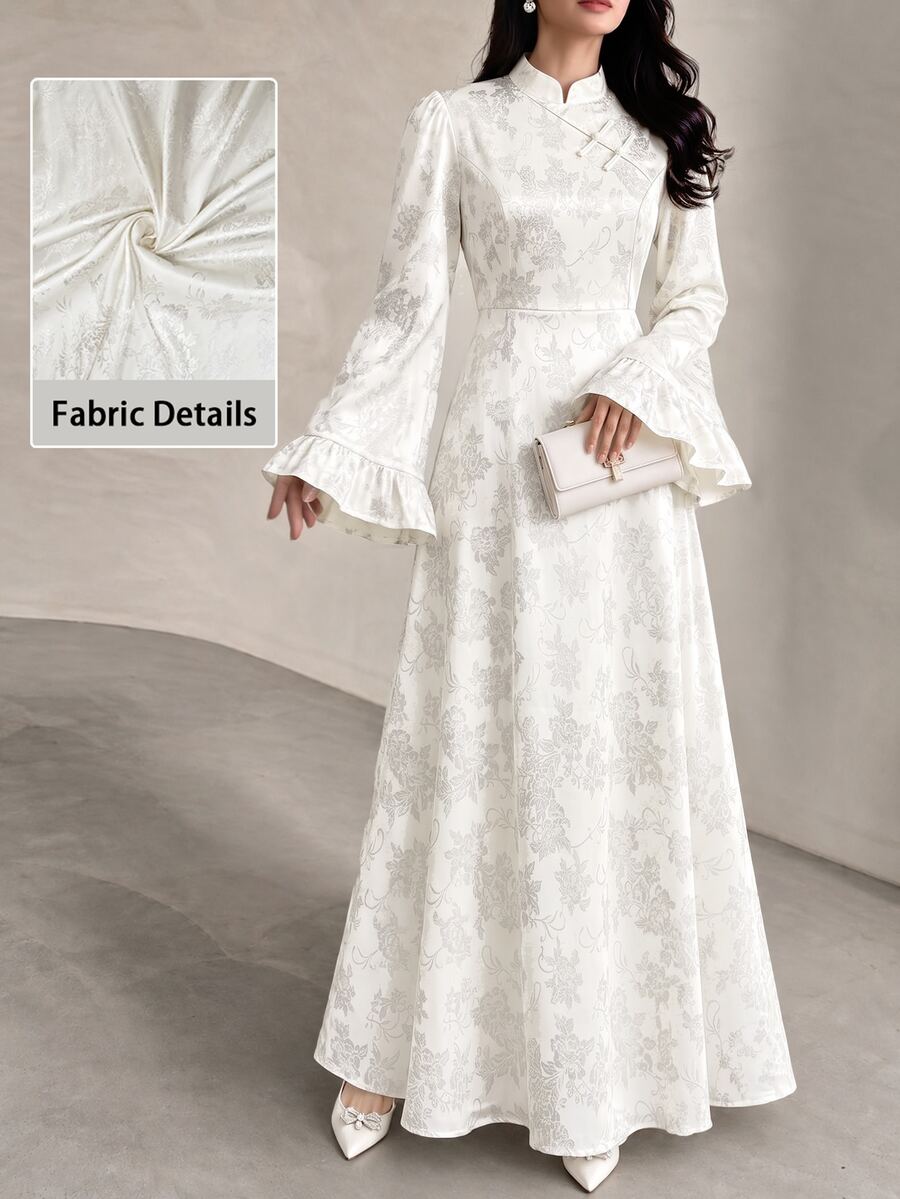Yasmyna Stand Collar Asymmetric Front Handmade Frog Button Ruffle Flare Long Sleeve Cinched Waist Full Skirt Flattering Slimming Long Dress, White Subtle Jacquard Pattern, Suitable For Dating, Commuting, Daily Wear, Evening Party