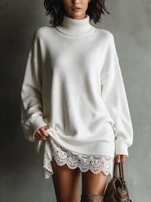 SHEIN Đầm len dệt kim viền ren ở gấu - trắng - Xem 5