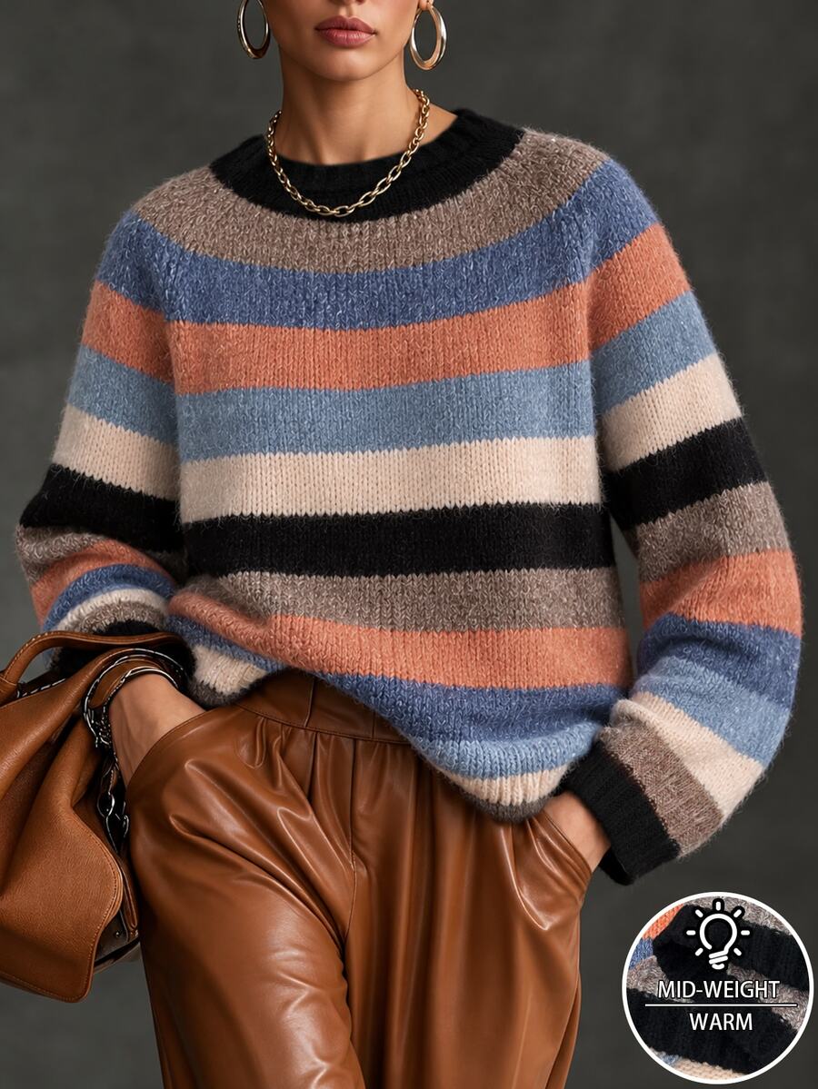Weeklong Plus Size Women's Autumn/Winter Casual Minimalist Versatile Retro Colorblock Random Horizontal Striped Round Neck Loose Knit Sweater Top - Multicolor - View 1