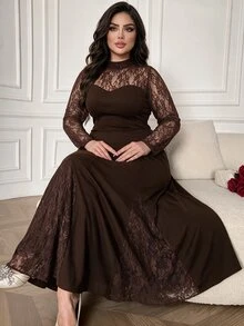Modelyn Plus Size Women's Brown Knit Long Sleeve Lace Patchwork Cinched Waist A-Line Elegant Romantic Dress - Brown - View 4