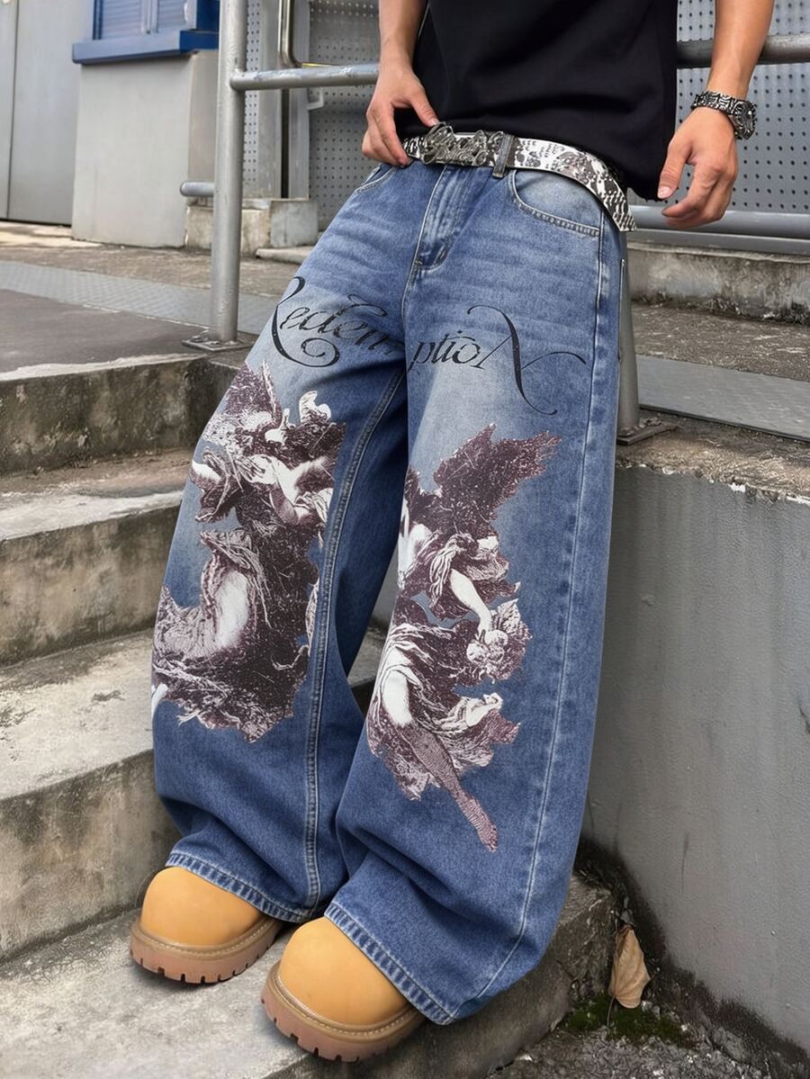 GALLERY FADE 男士復古淺色水洗哥德天使圖案印花寬腿牛仔褲 Y2K街頭風 派對度假海灘休閒寬鬆長褲 秋冬款 - 藍色 - 查看 1