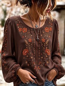 Selamara Women's Floral Embroidered Round Neck Long Sleeve Casual Shirt - Multicolor - View 3