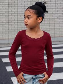 SHEIN 青少年女孩純黑色蕾絲圓領長袖修身短版T恤，休閒日常穿著 - 酒紅色 - 查看 10