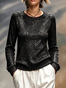 Selianne 黑色閃亮金屬感針織毛衣 圓領長袖修身版型 亮片派對夜店聚會晚餐上衣 秋季優雅性感 新年聖誕款 - 黑色 - 查看 3