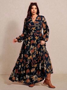 Elaquor Plus Size Floral Print Vacation Travel Dress - Navy Blue - View 5