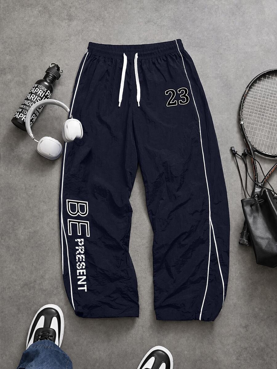 Sport MetroGents Men's Drawstring Waist Letter Pattern Casual Daily Travel Sports Long Pants - Navy Blue - View 1