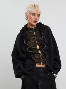 COUREZ Oversized Zip Front Ruched Sweatshirt / Y2K Sweats Sweatshirt Back Top School Fall Clothes For Women Autumn Outfits Women Fall Tops Winter Clothes Women - Black - View 1