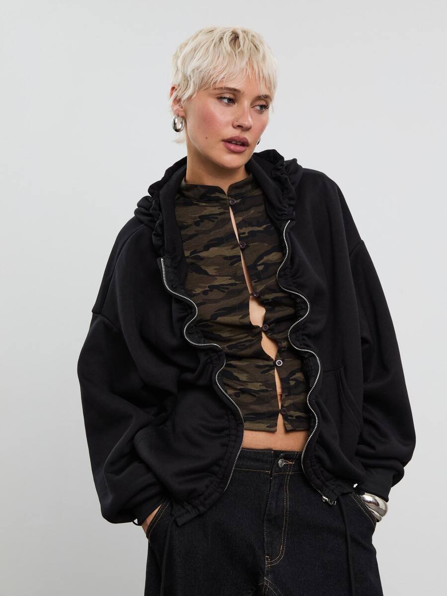 COUREZ Oversized Zip Front Ruched Sweatshirt / Y2K Sweats Sweatshirt Back Top School Fall Clothes For Women Autumn Outfits Women Fall Tops Winter Clothes Women - Black - View 1