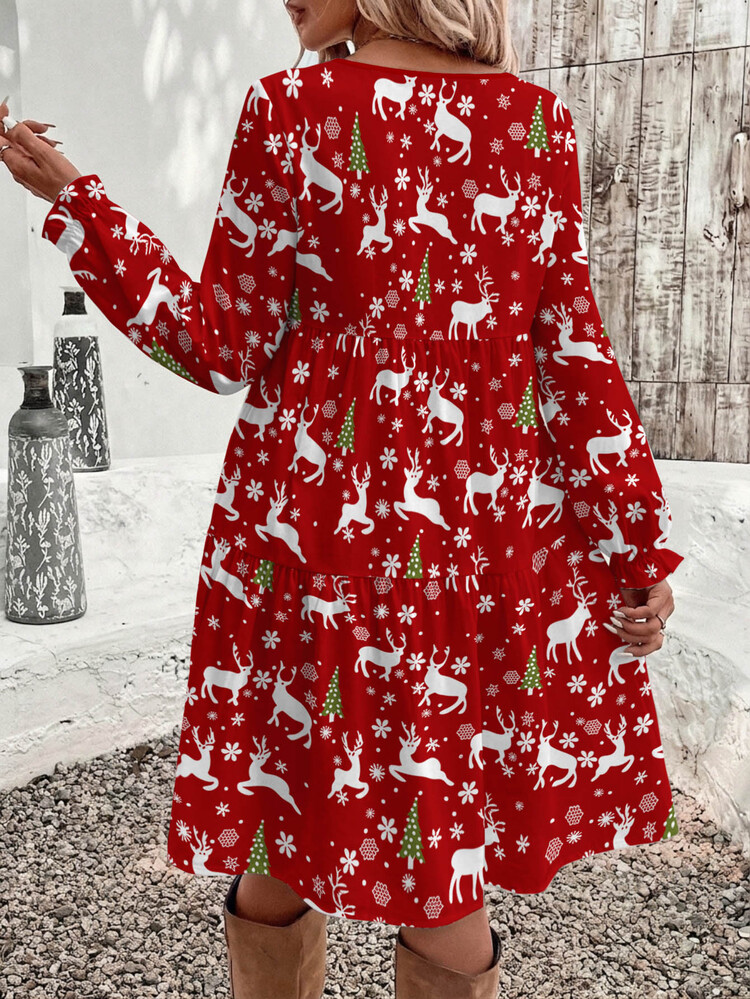 Weeklong Plus Size Women Christmas Reindeer Snowflake Print Long Sleeve Round Neck Dress,Casual Fashionable Holiday Festive Dress Winter Daily Wear Midi Dress - Multicolor - View 2