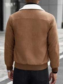 Manfinity CasualCool Jaket Pria Bahan Suede Imitasi, Kerah Bulu Domba Imitasi, Ujung dan Manset Bergaris, Kancing Depan, Kasual, untuk Perjalanan, Kantor, Pakaian Luar Musim Gugur/Dingin - Coklat - View 2