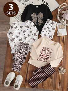 SHEIN 3套女嬰兒童休閒時尚豹紋蝴蝶、英文字母、印花條紋長袖柔軟3件套上衣與長褲，適合日常穿著，秋冬春季 - 黑色 - 查看 4