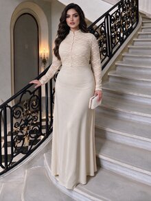 Modelyn Plus Size Women's Apricot Knit With Apricot Lace Trim Button Cinched Waist A-Line Elegant Romantic Dress - Apricot - View 3