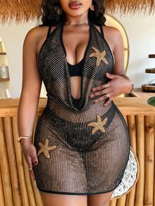 Slaydiva Plus Size Beach Sequin Applique Embroidered Cowl Neck Cover-Up Dress - Black - View 5