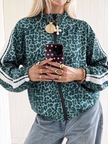 SHEIN EZwear 女款豹紋撞色休閒日常長袖夾克 - 綠色 - 查看 7