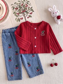 SHEIN Playful Pals 2件組幼女夾克＋牛仔褲，紅色櫻桃與綠葉羅紋針織丹寧長袖圓領標準版型，生日派對秋季公主鈕扣款 - 紅色 - 查看 3