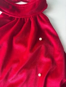 SHEIN 青少年女孩聖誕天鵝絨掛脖洋裝 奢華紅色A字裙 假日公主風百褶喇叭派對洋裝 附優雅珍珠珠飾飾邊 - 紅色 - 查看 7