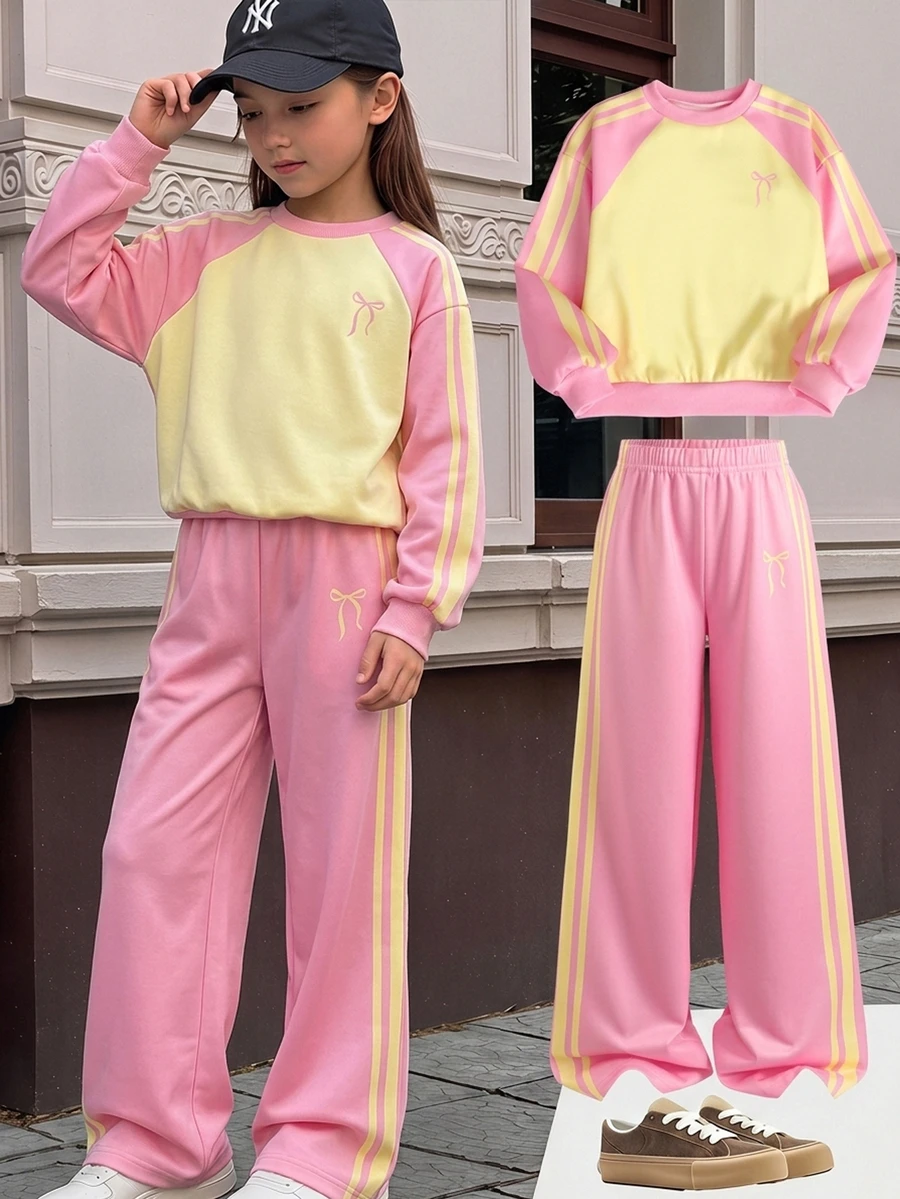 Tween Girls 2-Piece Casual Set, Round Neck Pink Yellow Color Block Bow Print Sweatshirt & Sweatpants 2Pcs Set - Pink - View 1