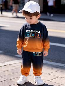 秋冬男童兩件套，漸層底色 IT'S SCIENCE 字母與化學元素印花運動衫，搭配同款漸層印花慢跑運動長褲，休閒極簡街頭風 - 彩色 - 查看 1