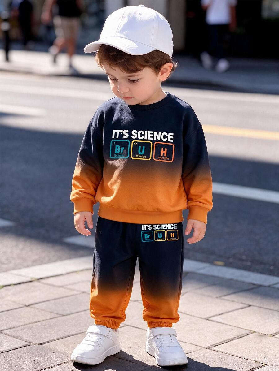秋冬男童兩件套,漸層底色 IT'S SCIENCE 字母與化學元素印花運動衫,搭配同款漸層印花慢跑運動長褲,休閒極簡街頭風 - 彩色 - 查看 1