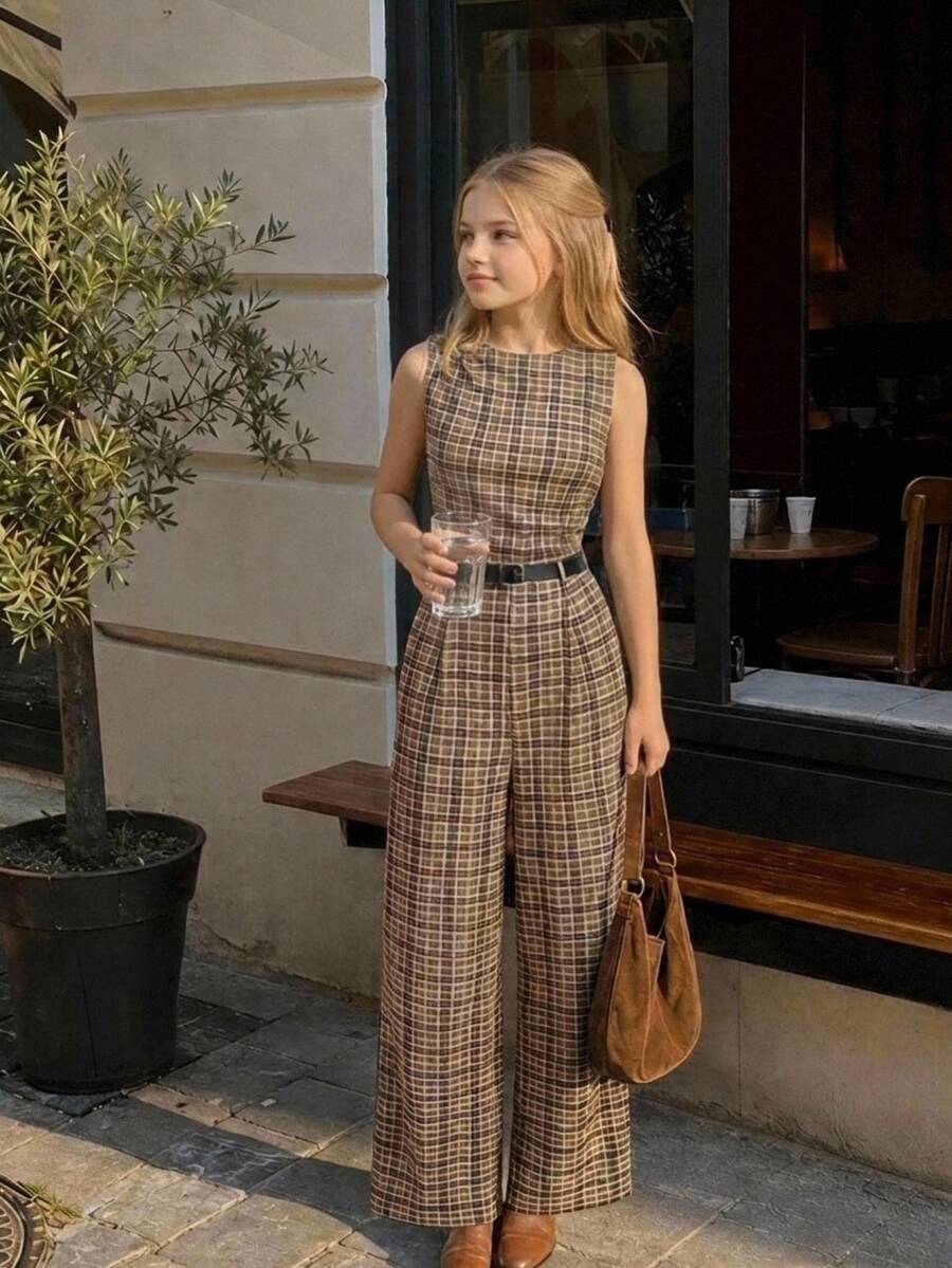 SHEIN Tween Girls Bodysuits & Kids Jumpsuits Plaid Retro Collegiate Style With Belt Design - Brown - View 1