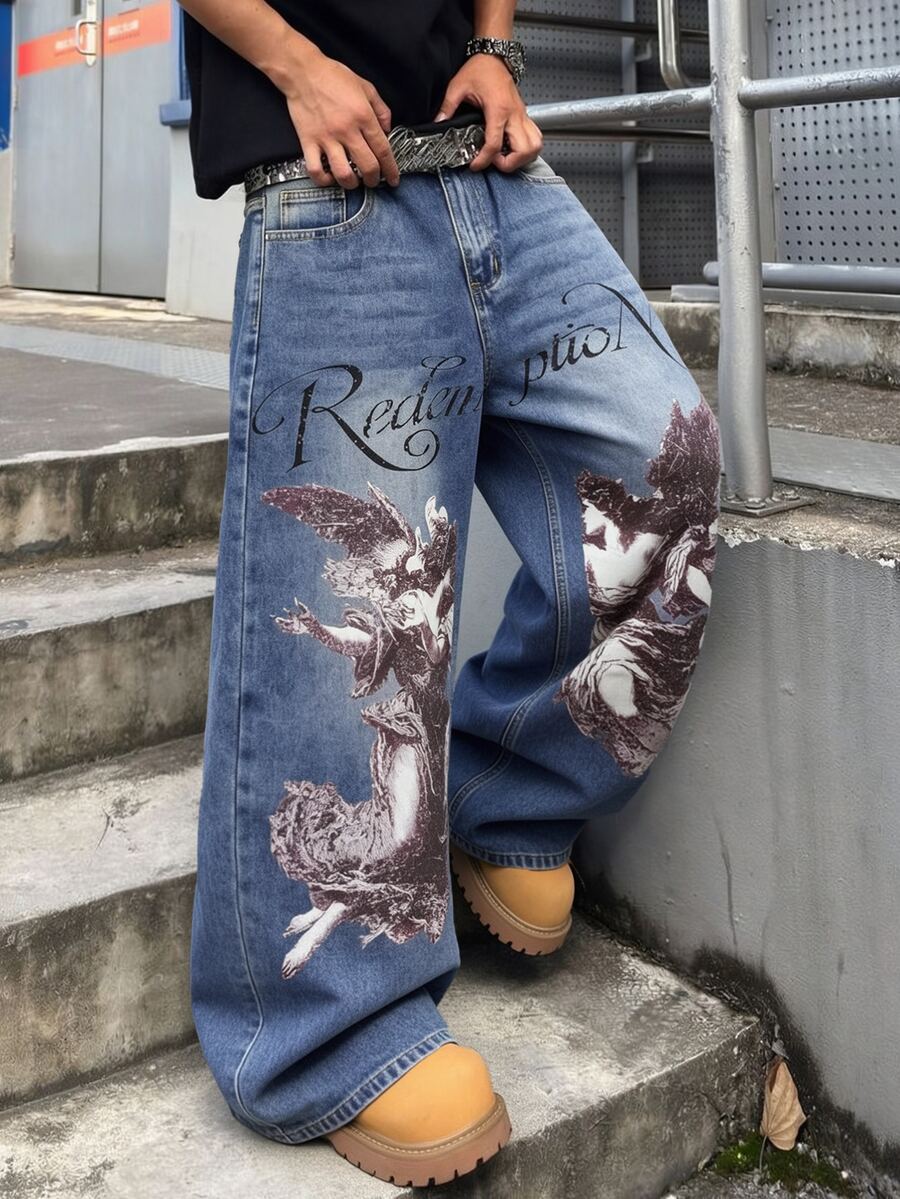 GALLERY FADE 男士復古淺色水洗哥德天使圖案印花寬腿牛仔褲 Y2K街頭風 派對度假海灘休閒寬鬆長褲 秋冬款 - 藍色 - 查看 1