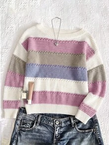 SHEIN Tween女孩休閒彩色條紋露肩寬鬆蝙蝠袖長袖針織衫，秋冬返校季 - 彩色 - 查看 6
